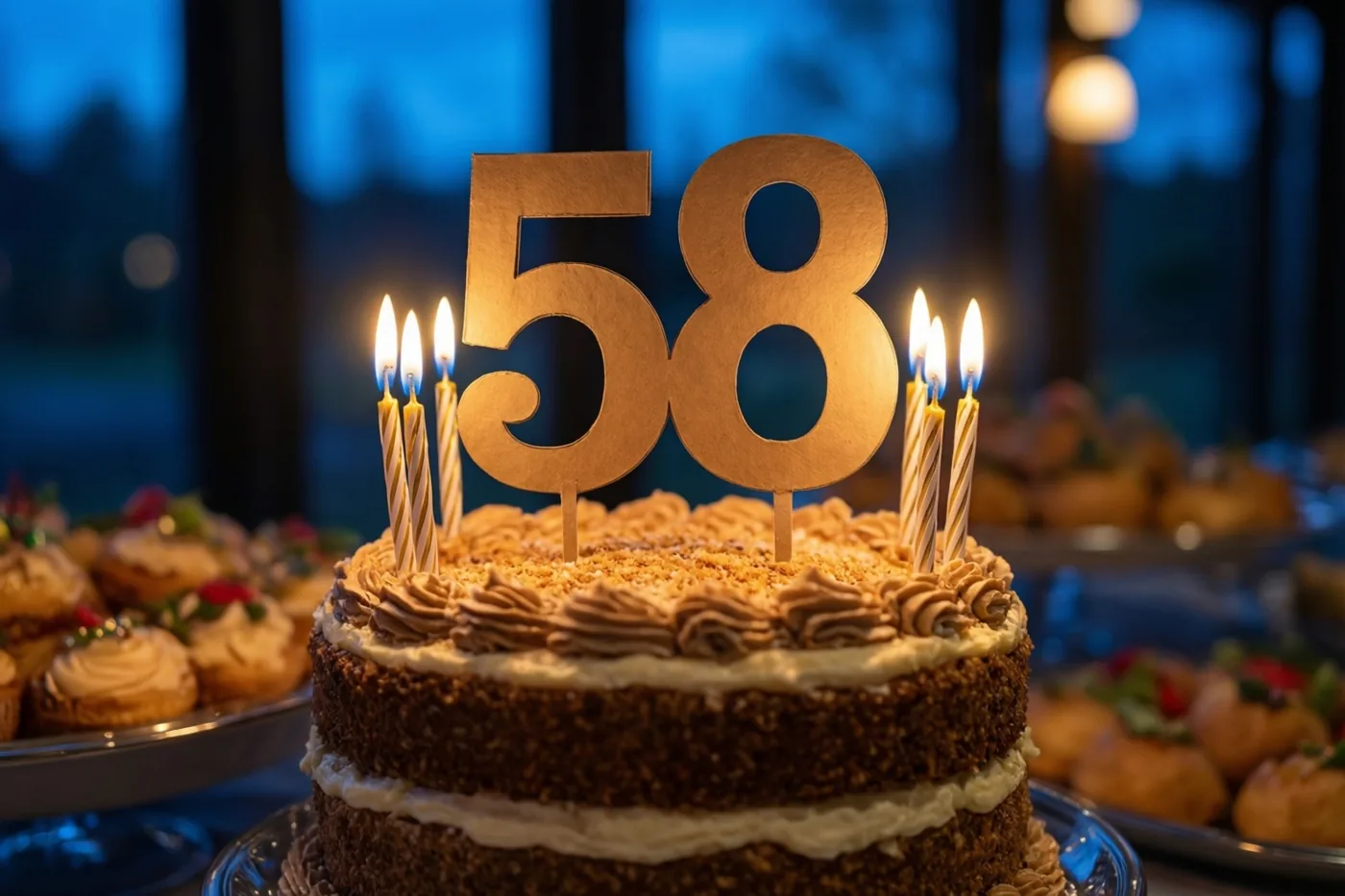 Een taart met meerdere verdiepingen, chocoladeglazuur, brandende kaarsjes en een gouden papieren versiering met 58 staat op een feestbuffet tegen een donkerblauwe avondachtergrond met wazige lichtjes.