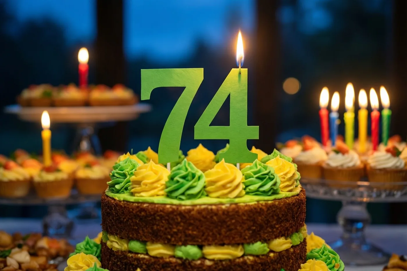 Een chocoladetaart met verdiepingen, groen en geel glazuur, een groene papieren 74 en één brandend kaarsje staat op een buffet met desserts en brandende kaarsen.