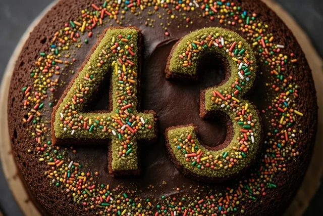 Een ronde taart met chocoladeglazuur is van bovenaf te zien, met 43 in groen glazuur en kleurrijke suikerstrooisels erop.