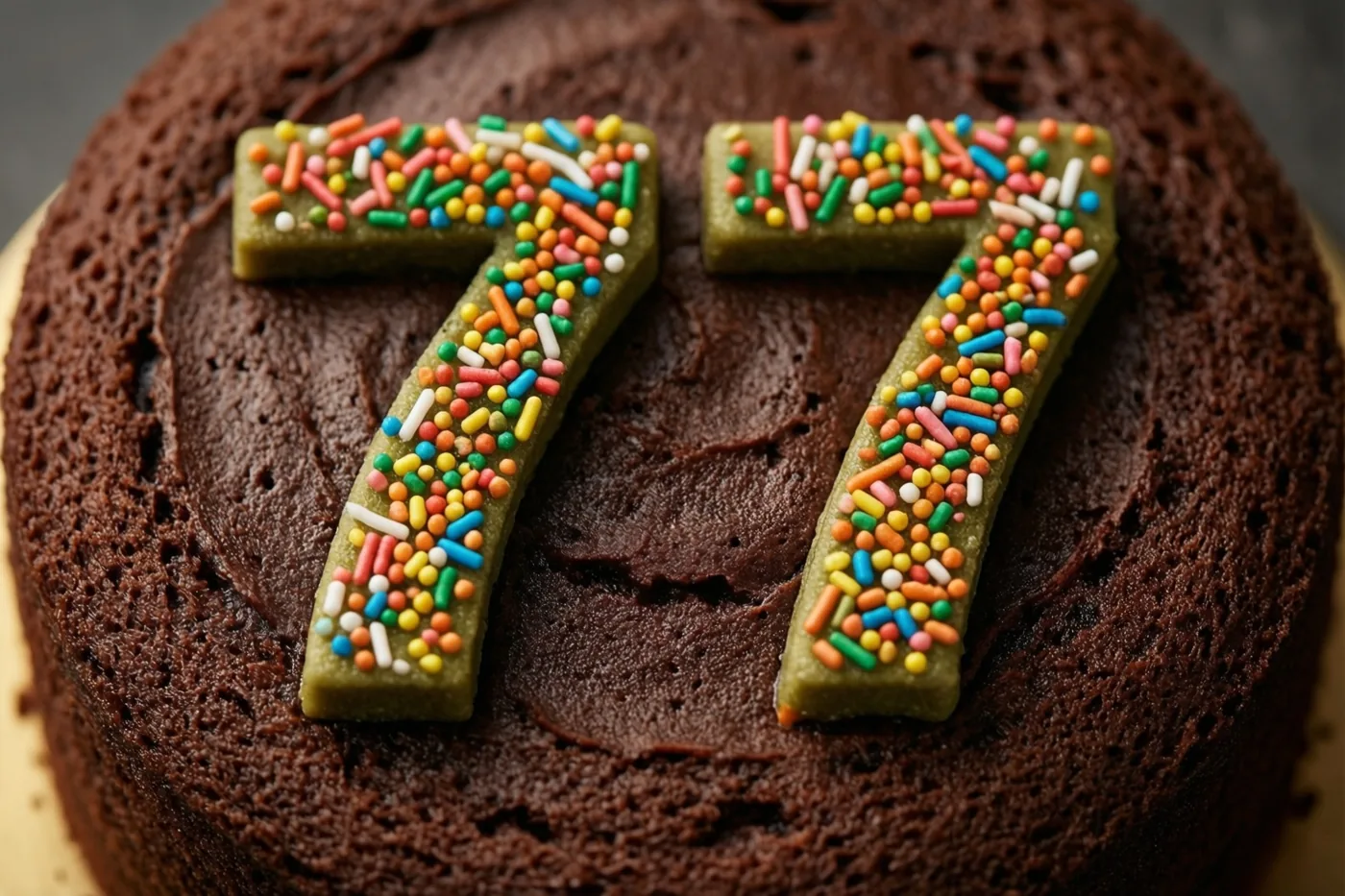 Van bovenaf zie je een ronde taart met bruin chocoladeglazuur en kleurrijke suikerstrooisels die het getal 77 vormen.