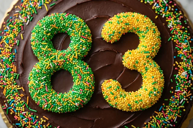 Van bovenaf is een ronde taart met glad chocoladeglazuur te zien, met 83 van gekleurde suikerstrooisels en een rand van veelkleurige strooisels.
