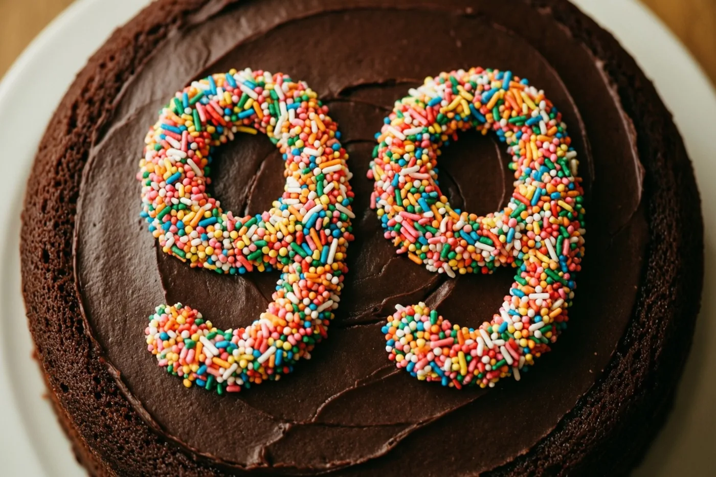 Van bovenaf is een ronde chocoladetaart met glad chocoladeglazuur te zien, waarop kleurrijke suikerstrooisels het getal 99 vormen in warm licht.