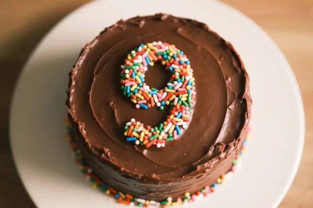 Van bovenaf is een ronde chocoladetaart met glad glazuur te zien, met een 9 van gekleurde suikerstrooisels bovenop en een rand strooisels onderaan, op een wit bord tegen een houten achtergrond.