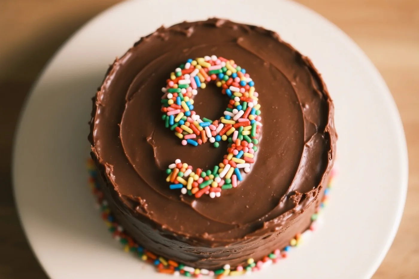 Van bovenaf is een ronde chocoladetaart met glad glazuur te zien, met een 9 van gekleurde suikerstrooisels bovenop en een rand strooisels onderaan, op een wit bord tegen een houten achtergrond.