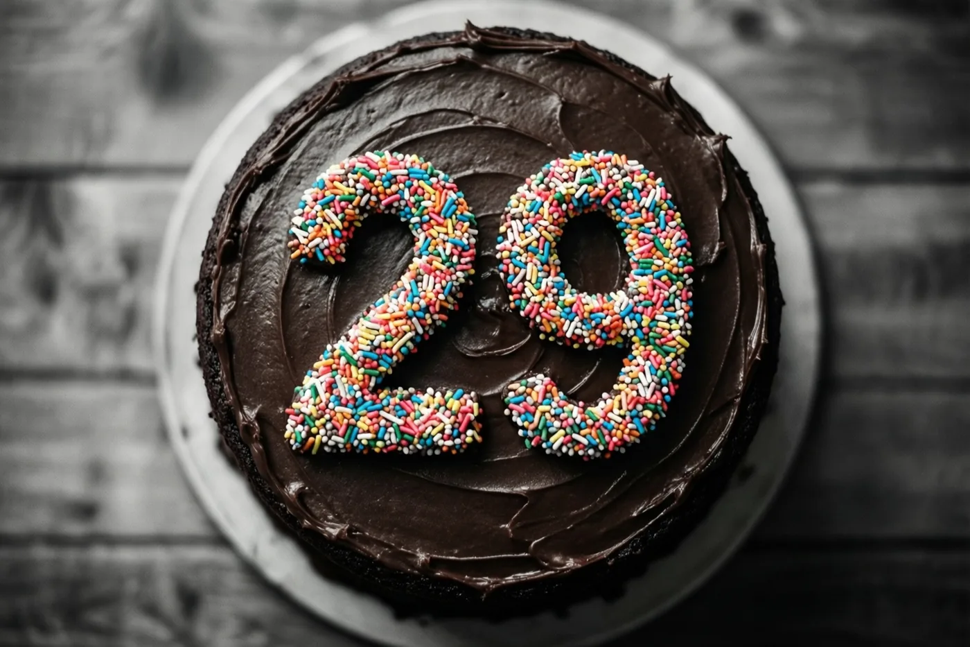 Een ronde chocoladetaart met chocoladeglazuur en 29 van gekleurde suikerstrooisels staat op een wit bord tegen een donkere houten achtergrond, van bovenaf gezien.