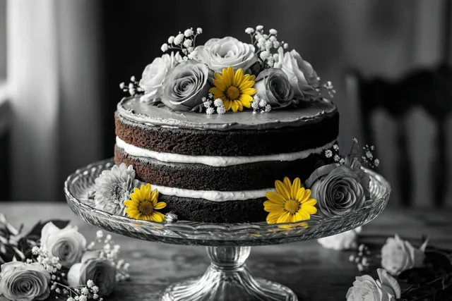 Een chocoladelaagjestaart met wit glazuur, rozen en gele margrieten staat op een sierlijke glazen taartstandaard op een houten tafel met losse bloemen.