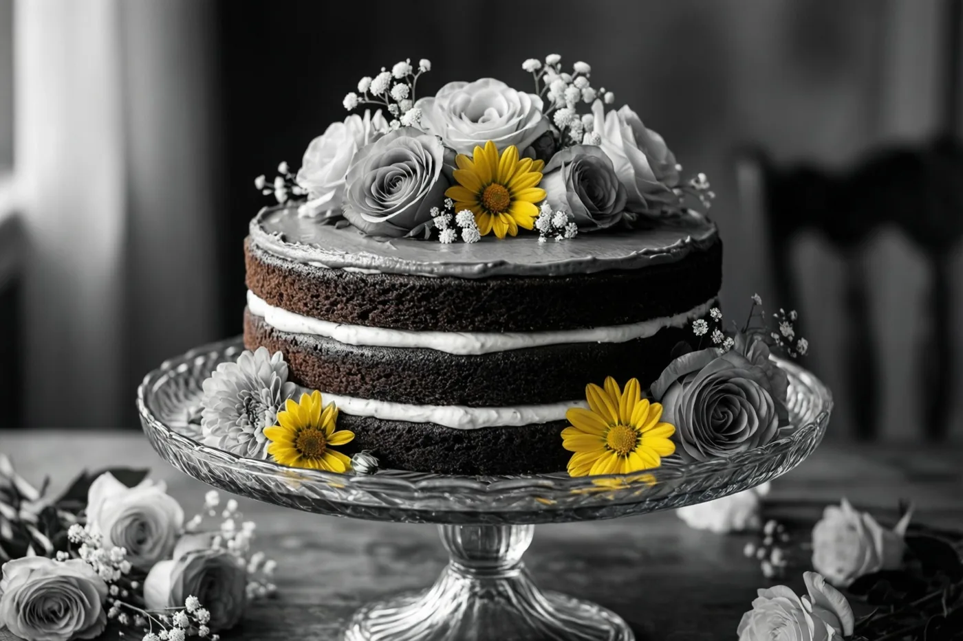 Een chocoladelaagjestaart met wit glazuur, rozen en gele margrieten staat op een sierlijke glazen taartstandaard op een houten tafel met losse bloemen.