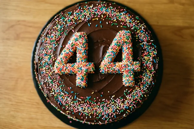 Een ronde chocoladetaart met chocoladeglazuur, kleurrijke suikerstrooisels en 44 in strooisels staat op hout, recht van bovenaf gezien.