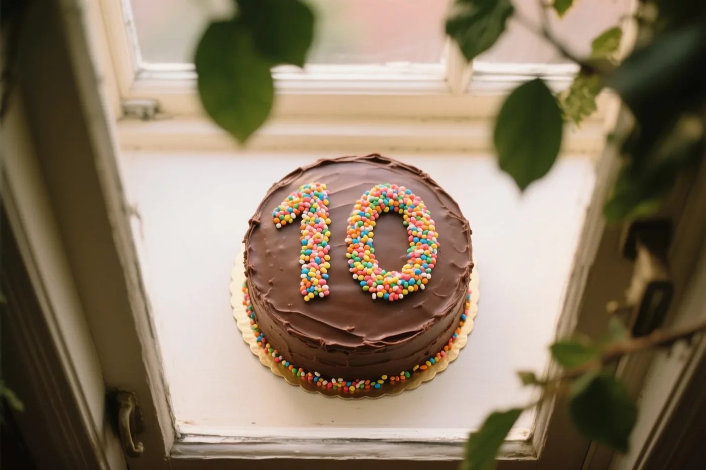 Een ronde chocoladetaart met het getal 10 van gekleurde suikerstrooisels staat op een witte vensterbank tussen groene bladeren.