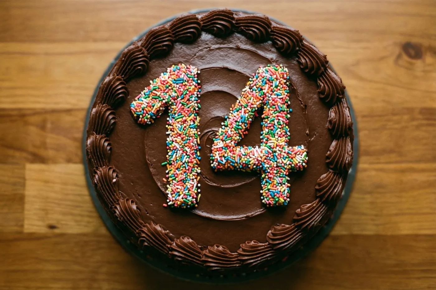 Van bovenaf is een ronde chocoladetaart op een houten ondergrond te zien, met chocoladeglazuur, gespoten randen en het getal 14 van gekleurde suikerstrooisels.