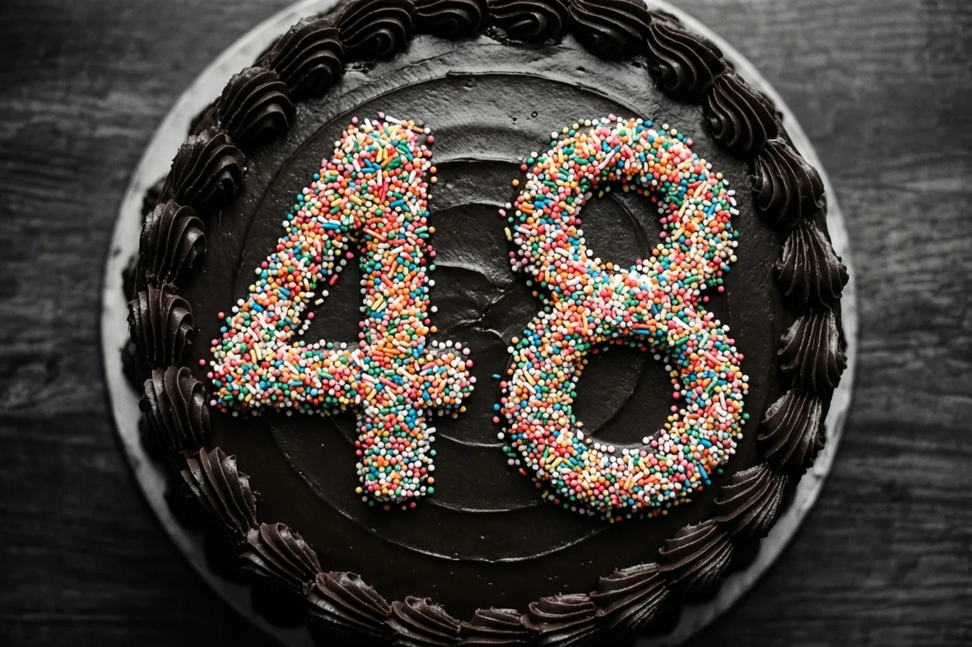 Van bovenaf is een ronde chocoladetaart te zien met 48 van gekleurde suikerstrooisels en een decoratieve chocoladerand op een donkere houten ondergrond.