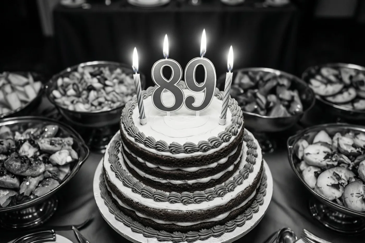 Op een zwart-witfoto staat een chocoladetaart met meerdere verdiepingen, wit glazuur, een papieren versiering met 89 en vier brandende kaarsjes tussen schalen eten op een buffettafel.