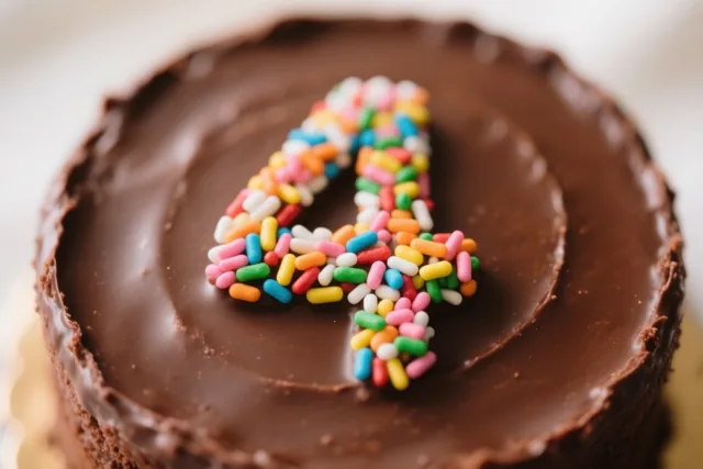 Van bovenaf is een ronde chocoladetaart te zien met het cijfer 4 van gekleurde suikerstrooisels, tegen een zachte onscherpe achtergrond.
