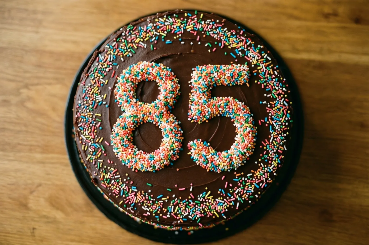 Een ronde chocoladetaart met chocoladeglazuur en gekleurde suikerstrooisels die 85 vormen ligt op een houten oppervlak, van bovenaf gezien.