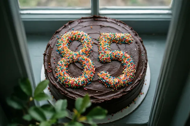 Een ronde chocoladetaart met chocoladeglazuur en 85 van gekleurde suikerstrooisels staat in daglicht op een vensterbank, met groen op de voorgrond.