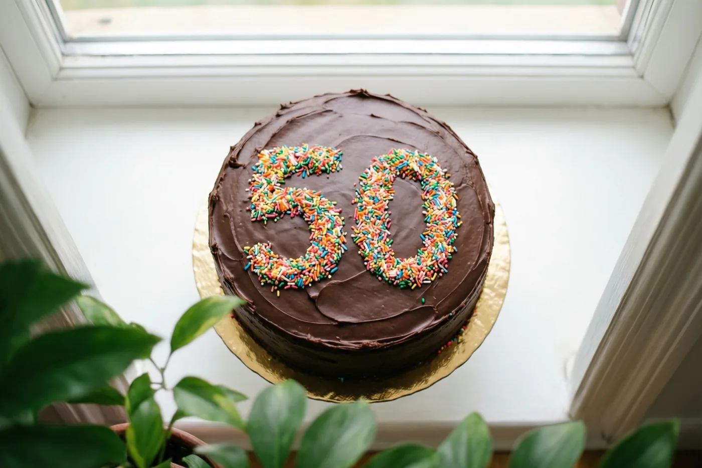 Een ronde chocoladetaart met 50 van gekleurde suikerstrooisels staat op een gouden taartbodem op een vensterbank, met groene plantenbladeren op de voorgrond.