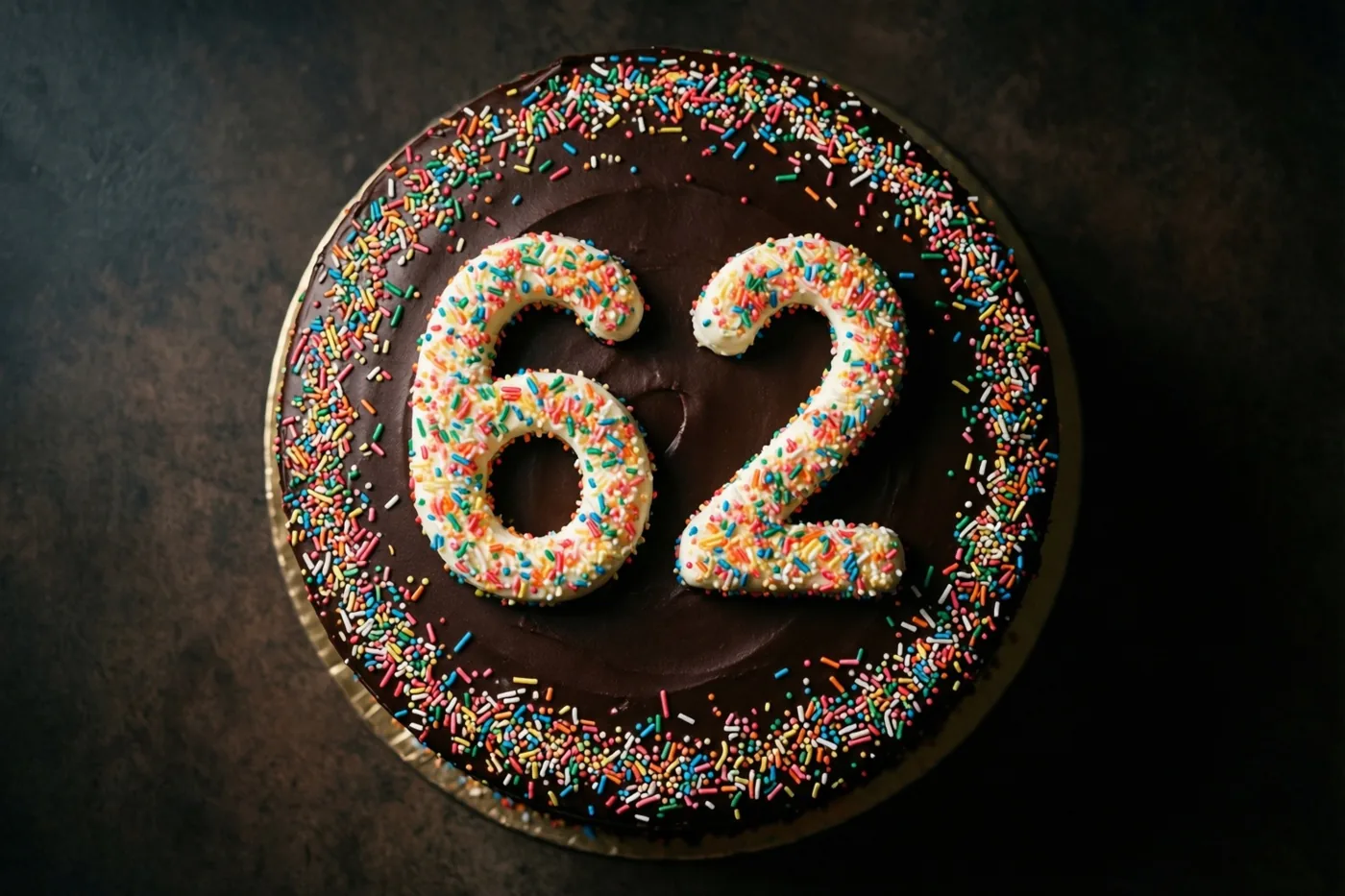 Een ronde chocoladetaart met 62 van wit glazuur en gekleurde suikerstrooisels is van boven gefotografeerd tegen een donkere achtergrond met structuur.