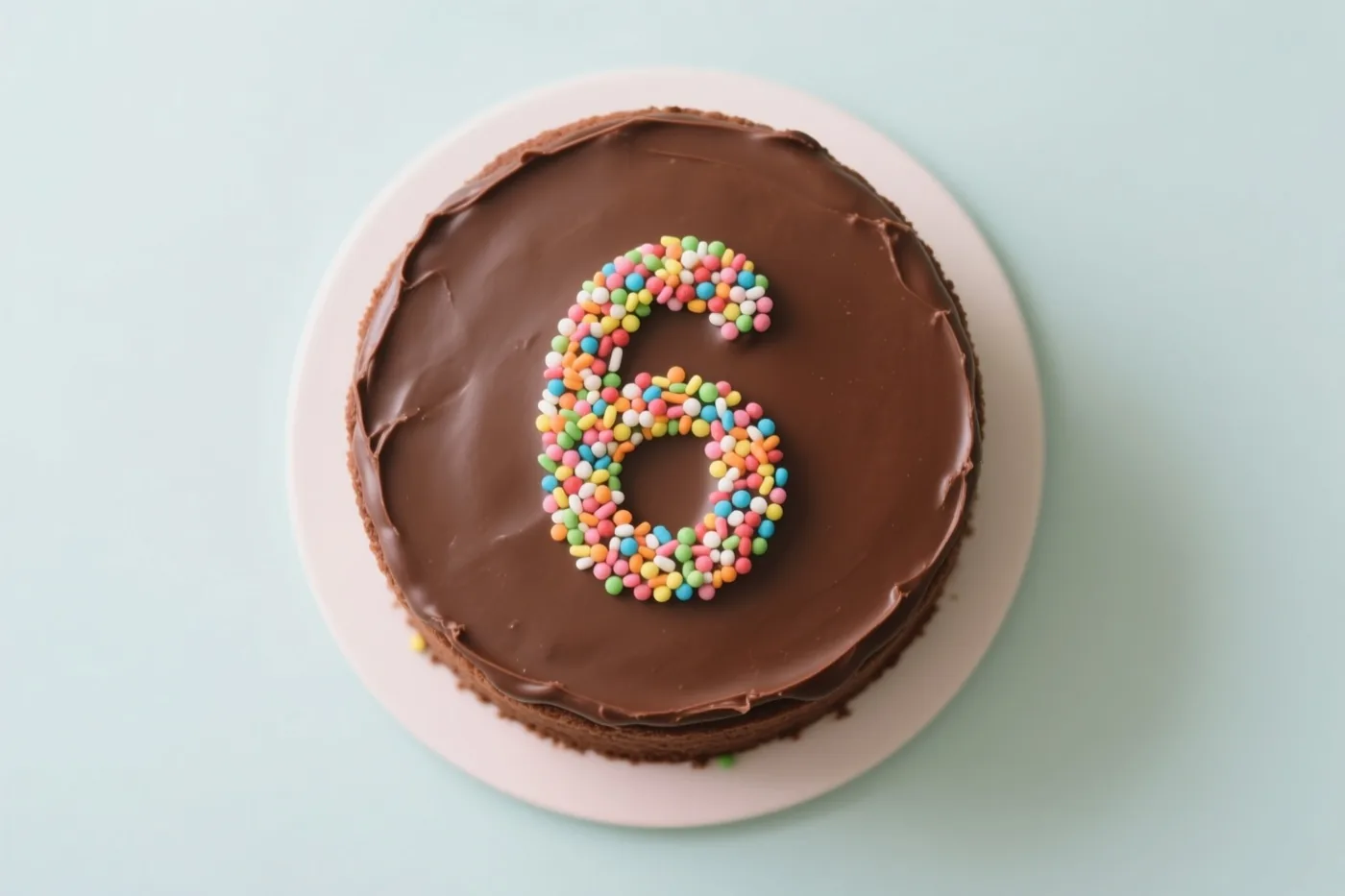 Een ronde chocoladetaart met glad glazuur en een 6 van gekleurde suikerstrooisels ligt op een wit bord tegen een lichtblauwe achtergrond, van bovenaf gezien.