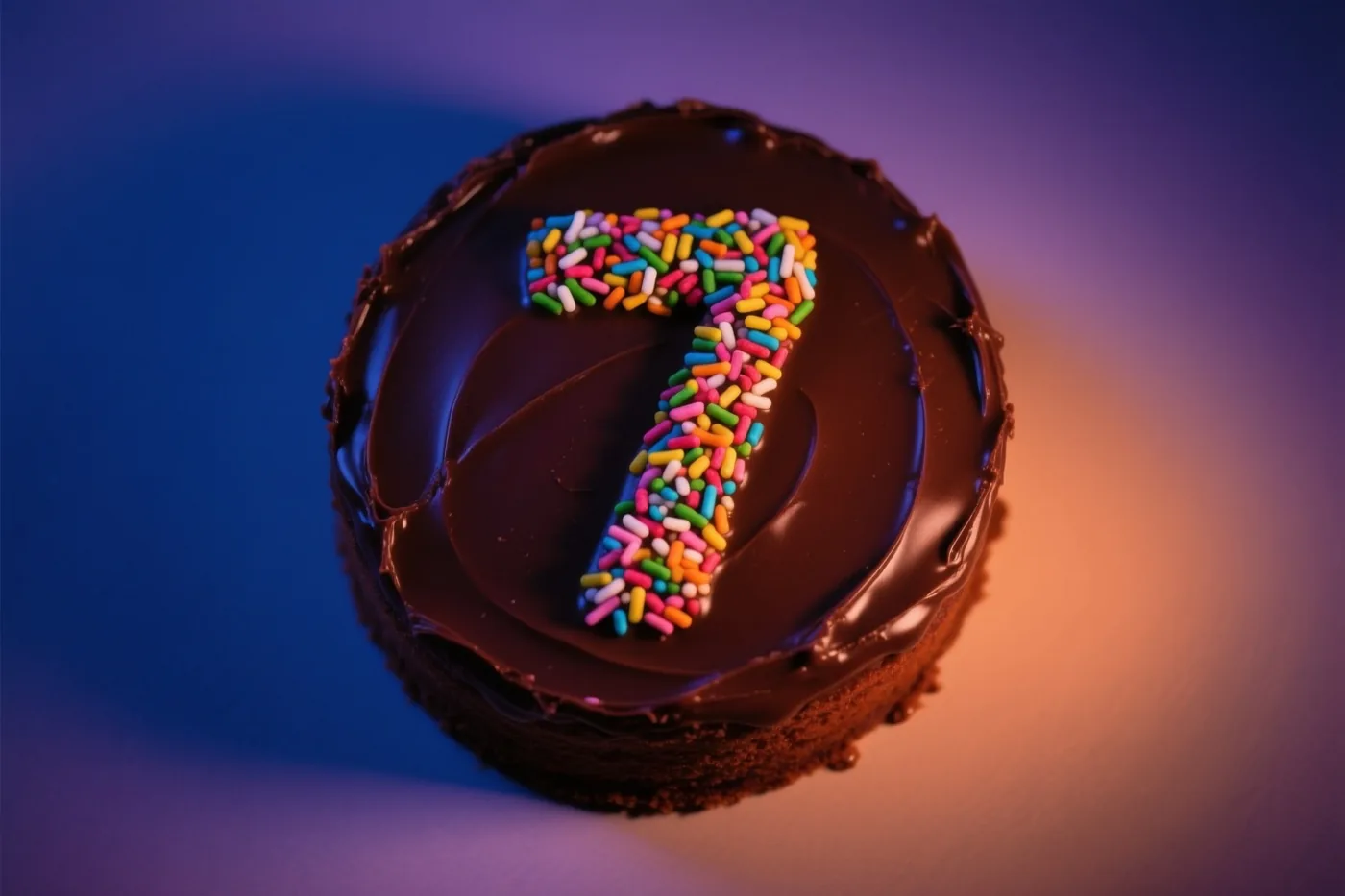Een ronde chocoladetaart met glanzend glazuur en een 7 van gekleurde suikerstrooisels is van bovenaf gefotografeerd tegen een achtergrond met blauw en oranje licht.