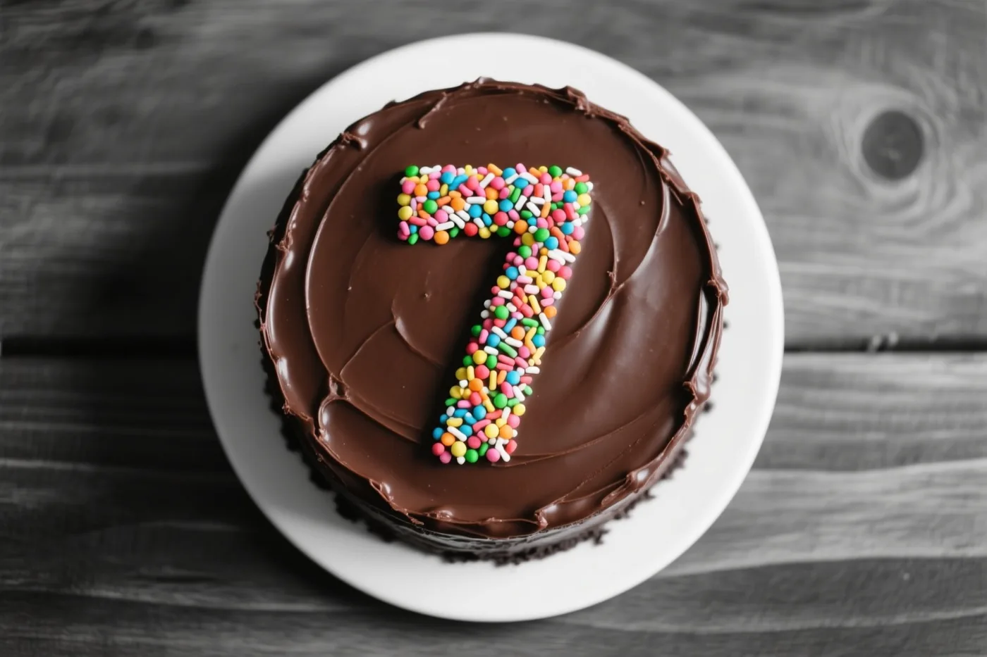 Een ronde chocoladetaart met glad glazuur en een 7 van gekleurde suikerstrooisels ligt op een wit bord tegen een donker houten achtergrond, van bovenaf gezien.