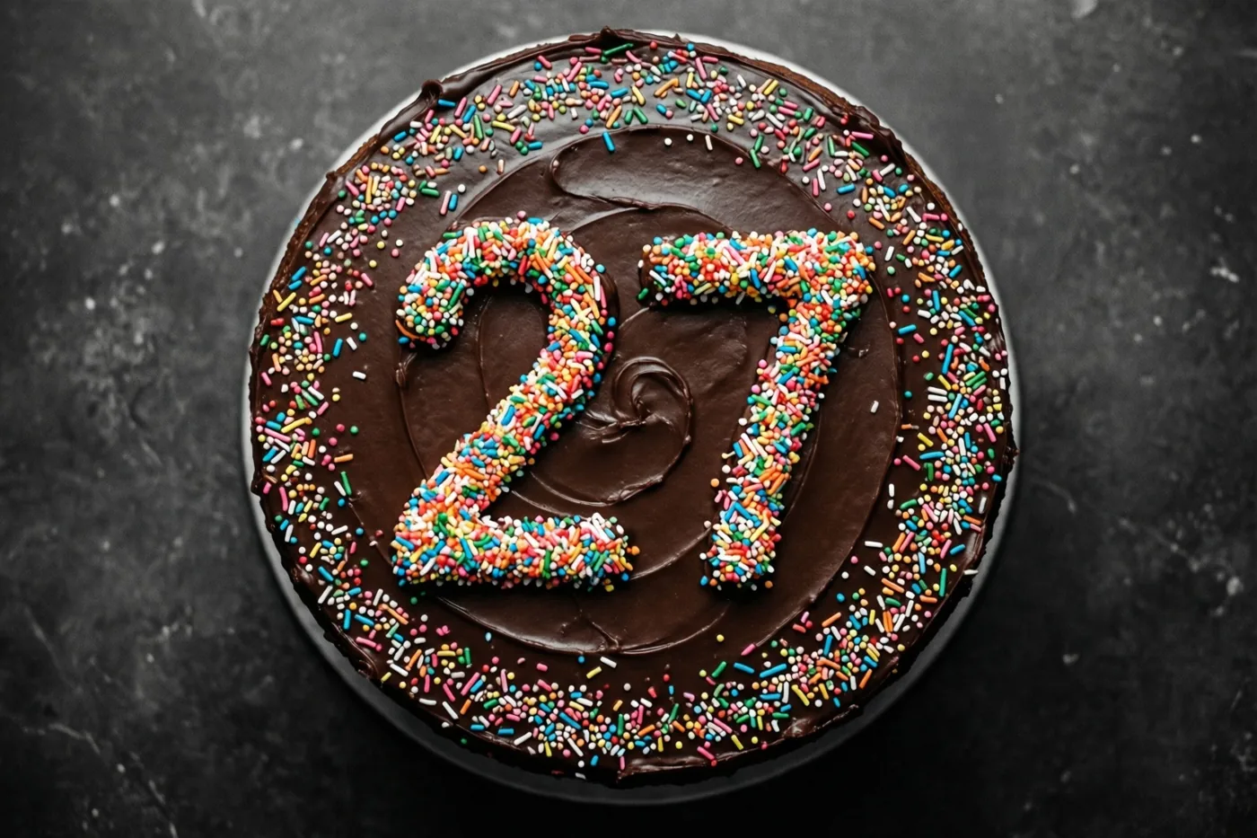 Een ronde chocoladetaart met chocoladeglazuur en het getal 27 van gekleurde suikerstrooisels ligt op een donkere ondergrond met structuur, van bovenaf gezien.