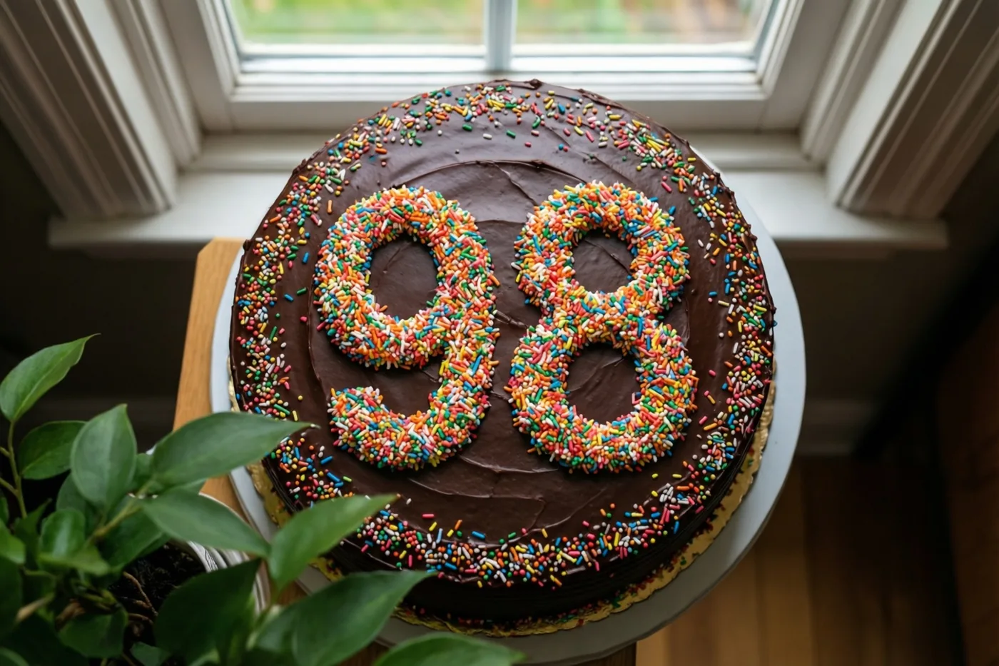 Een ronde chocoladetaart met glazuur en gekleurde suikerstrooisels die 98 vormen staat in daglicht op een vensterbank naast een potplant.