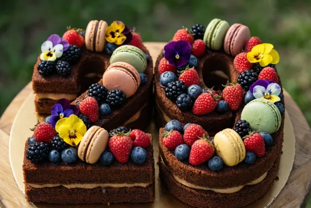 Een chocoladetaart in de vorm van 29 is versierd met verse bessen, kleurrijke macarons en eetbare bloemen en staat buiten op een houten plank.