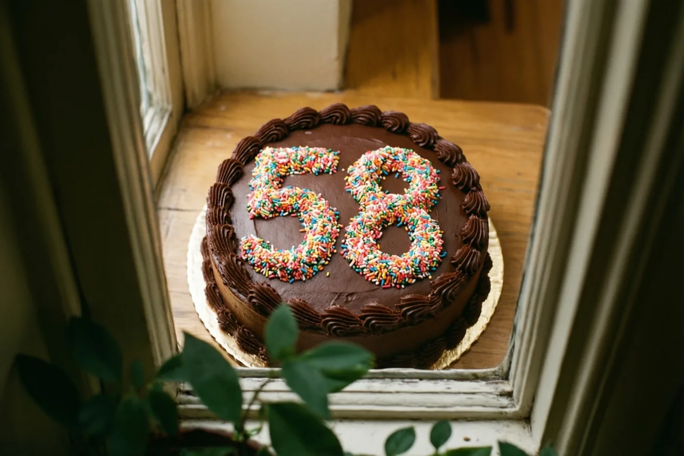 Een ronde taart met chocoladeglazuur en 58 in gekleurde suikerstrooisels staat op een houten vensterbank bij een wit raam met groene bladeren op de voorgrond.