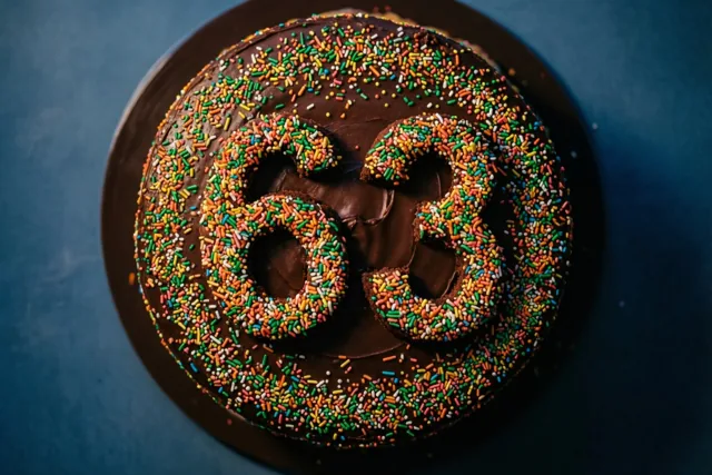 Een ronde chocoladetaart met gekleurde suikerstrooisels die in het midden 63 vormen staat op een donkerbruin bord tegen een diepblauwe achtergrond, van boven gezien.