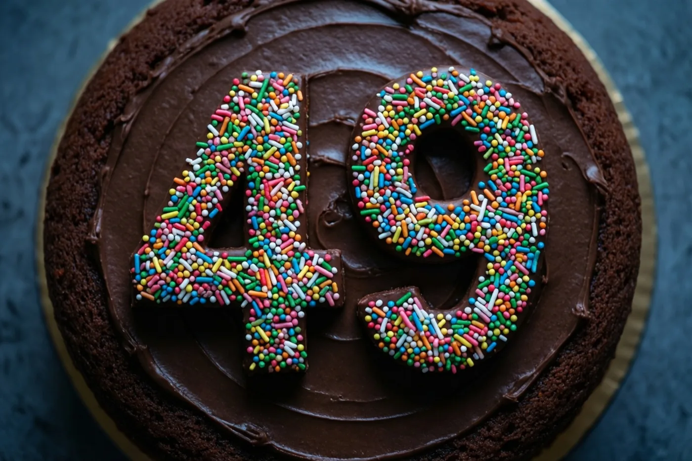 Een ronde chocoladetaart met chocoladeglazuur en 49 van gekleurde suikerstrooisels staat op een donkere ondergrond, van bovenaf gefotografeerd.