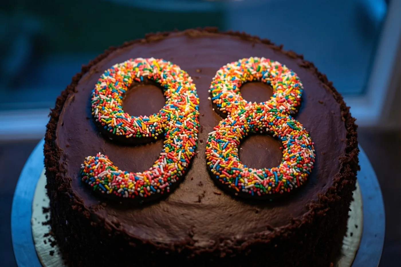 Een ronde chocoladetaart met chocoladeglazuur en 98 van gekleurde suikerstrooisels staat op een blauw bord tegen een onscherpe blauwe achtergrond.