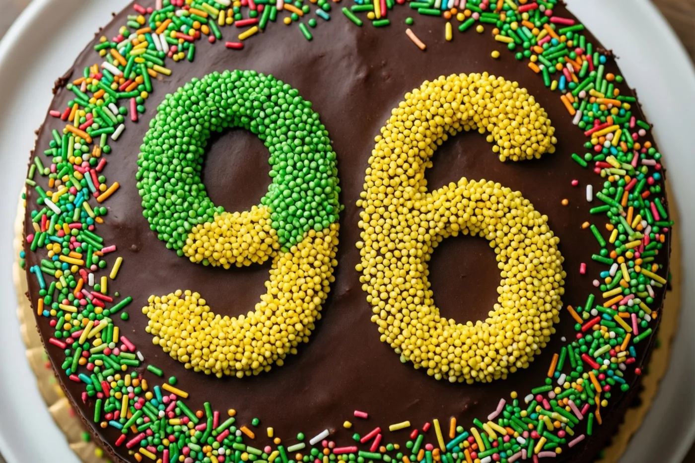 Van bovenaf is een ronde chocoladetaart met 96 van kleurrijke suikerstrooisels te zien op een wit bord met een goudkleurige kartonnen onderlegger.
