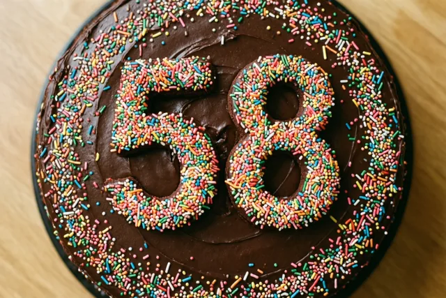 Een ronde chocoladetaart met 58 in gekleurde suikerstrooisels en extra strooisels langs de rand ligt op hout, gezien van bovenaf.