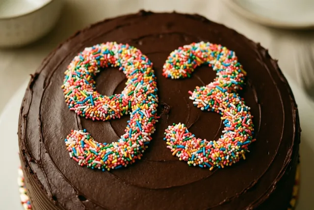 Een ronde chocoladetaart met 93 in gekleurde suikerstrooisels staat op een lichte ondergrond, van bovenaf gezien in zacht warm licht.