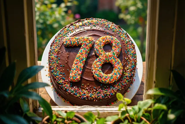Een ronde chocoladetaart met 78 van gekleurde suikerstrooisels staat op een vensterbank, van bovenaf gezien met groen op de achtergrond.