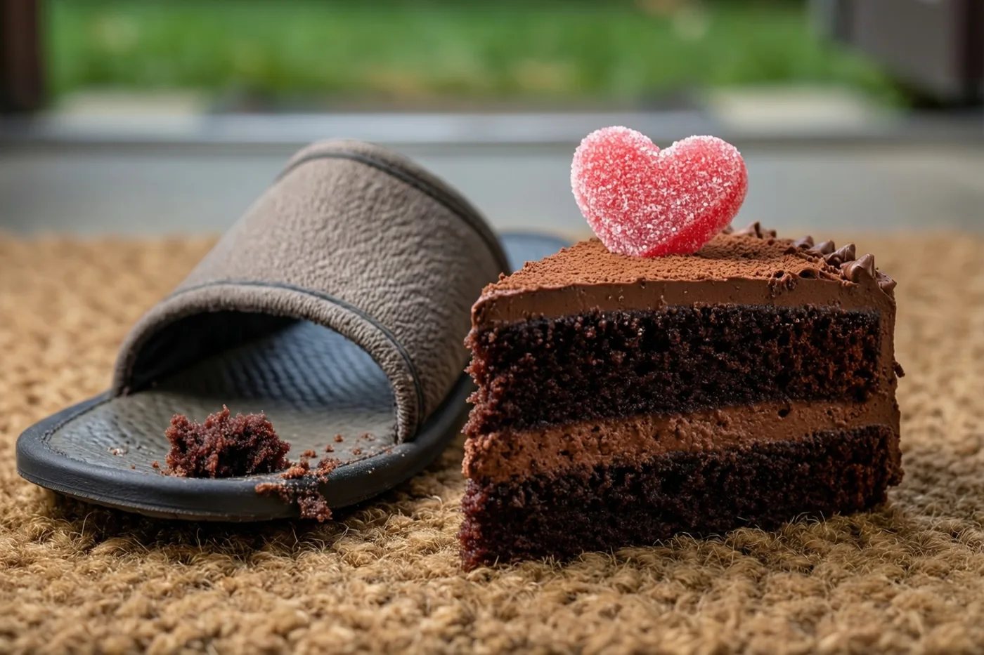 Een stuk gelaagde chocoladetaart met een rood suikerhart staat naast een bruine pantoffel met taartkruimels op de zool op een geweven deurmat buiten, met een onscherpe groene achtergrond.