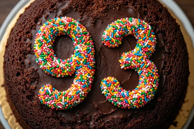 Een ronde chocoladetaart met chocoladeglazuur en 93 in gekleurde suikerstrooisels staat op een goudkleurige kartonnen bodem met een zichtbare witte bordrand, van bovenaf gezien.
