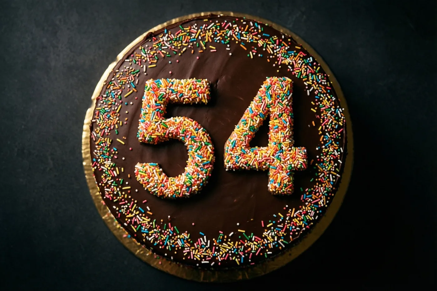 Van bovenaf is een ronde chocoladetaart te zien met 54 en een rand van kleurrijke suikerstrooisels, op een goudkleurige kartonnen onderlegger tegen een donkere achtergrond.