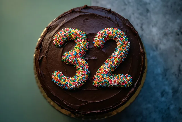 Een ronde chocoladetaart met 32 van gekleurde suikerstrooisels staat op een goudkleurige kartonnen taartbodem tegen een gedempte groen-blauwe achtergrond, gezien van bovenaf.