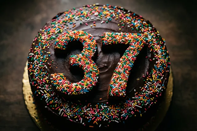 Een ronde taart met chocoladeglazuur en het getal 37 van kleurrijke suikerstrooisels staat op een gouden kartonnen taartbodem tegen donker hout, van bovenaf gezien.