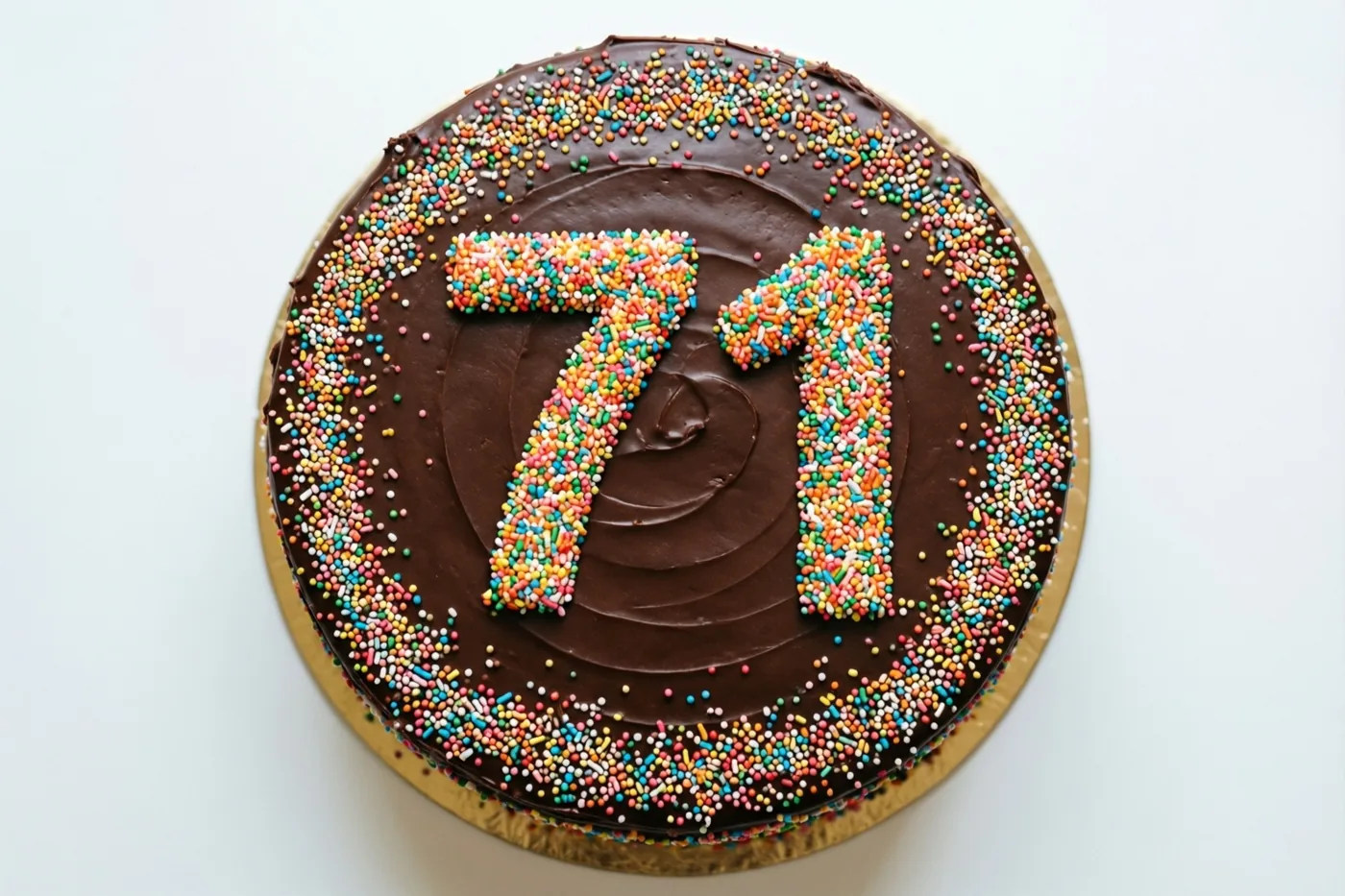 Een ronde chocoladetaart met glazuur en suikerstrooisels die 71 vormen staat op een gouden kartonnen taartbodem tegen een witte achtergrond.