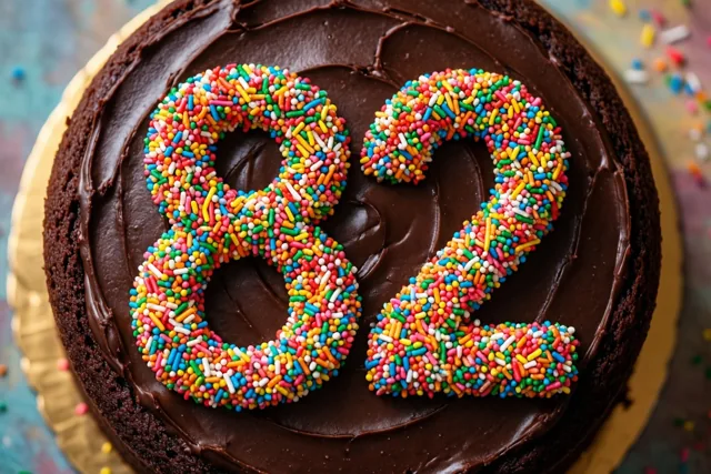 Van bovenaf is een ronde chocoladetaart met chocoladeglazuur en 82 van gekleurde suikerstrooisels te zien, op een gouden kartonnen bodem voor een kleurrijke onscherpe achtergrond.