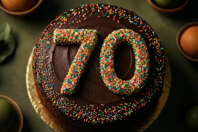 Van bovenaf is een ronde chocoladetaart te zien met 70 in gekleurde suikerstrooisels, op een gouden taartbodem tegen een donkergroene achtergrond met schaaltjes fruit.