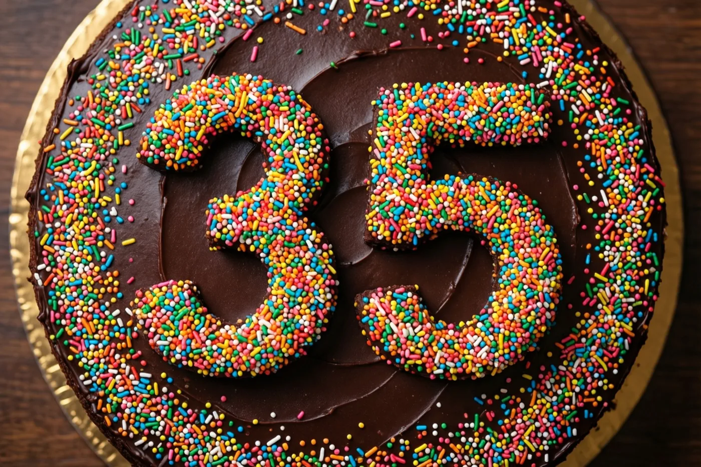 Een ronde chocoladetaart met 35 van gekleurde suikerstrooisels ligt van bovenaf gezien op een gouden taartplaat, met losse strooisels eromheen.