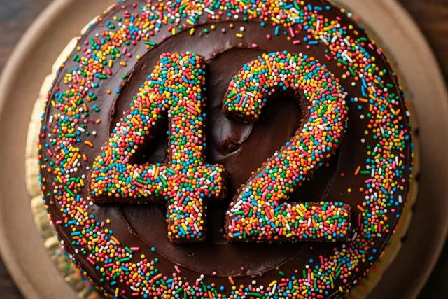 Van bovenaf is een ronde chocoladetaart te zien met kleurrijke suikerstrooisels die 42 vormen, op een goudkleurig bord tegen een donkere houten achtergrond.