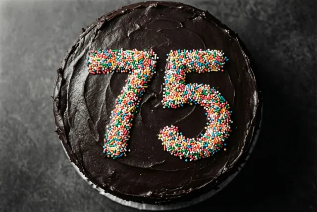Van bovenaf is een ronde chocoladetaart te zien met 75 in gekleurde suikerstrooisels op een donkergrijze ondergrond met structuur.