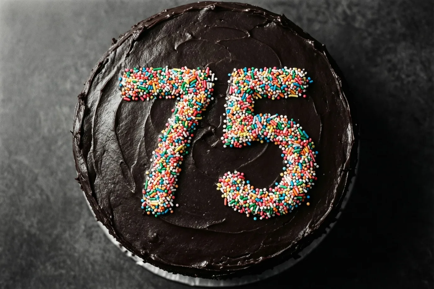 Van bovenaf is een ronde chocoladetaart te zien met 75 in gekleurde suikerstrooisels op een donkergrijze ondergrond met structuur.