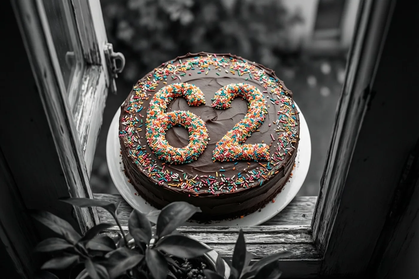 Een ronde chocoladetaart met 62 van gekleurde suikerstrooisels staat op een wit bord op een houten vensterbank, van boven gezien tegen een zwart-witte achtergrond.