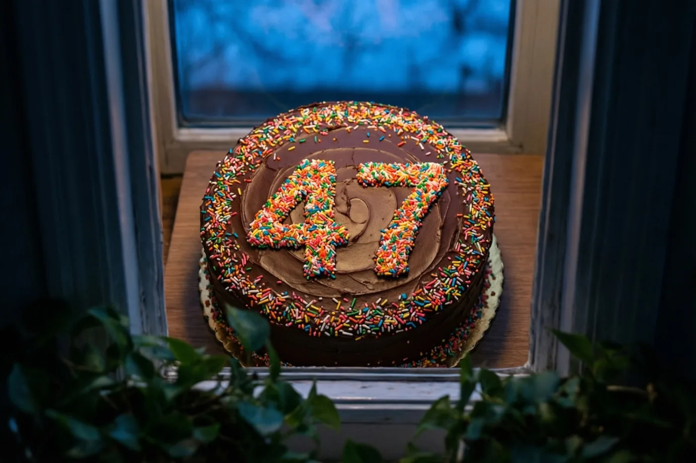 Een ronde chocoladetaart met 47 van gekleurde suikerstrooisels staat op een houten vensterbank, van bovenaf gezien tussen donkere gordijnen en groen met een blauwachtig uitzicht.