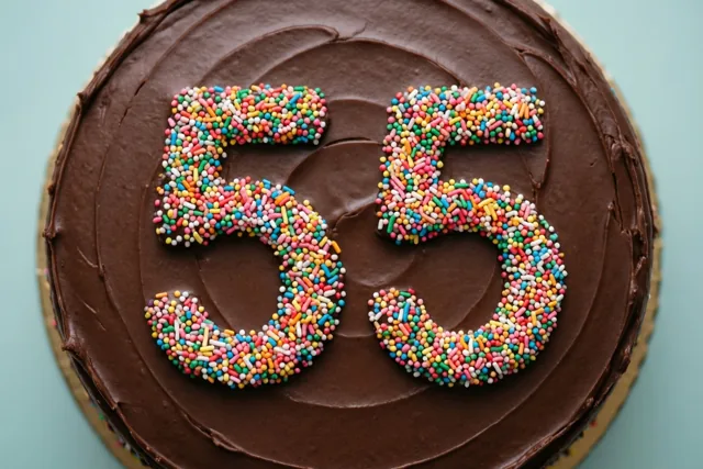 Een ronde chocoladetaart met 55 van kleurrijke suikerstrooisels is van bovenaf afgebeeld tegen een lichtblauwe achtergrond.
